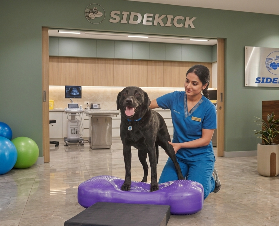 A pet physiotherapist working with a dog