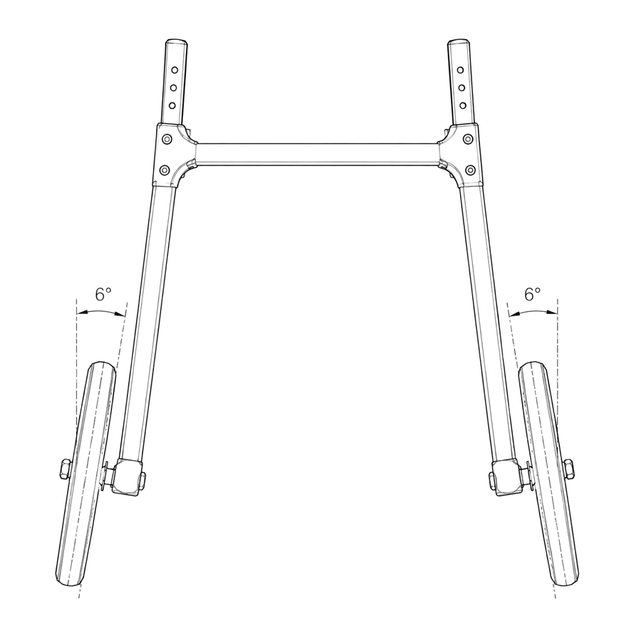 Front view of a Sidekick wheelchair frame with wheels angled out 6 degrees and a wide stance