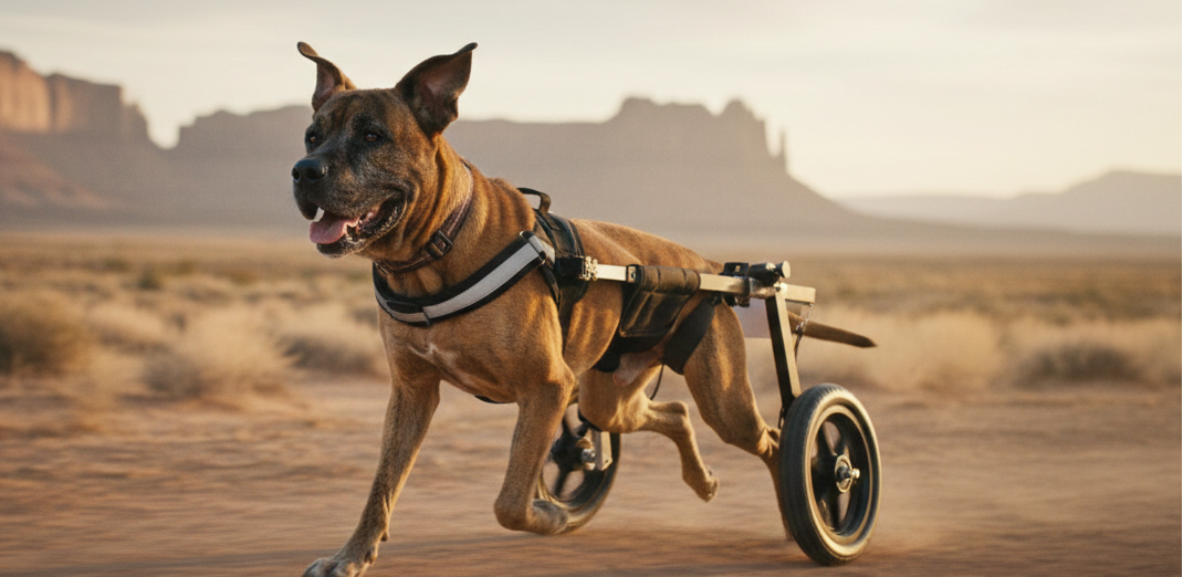 Dog in a wheelchair running in a desert landscape with mountains in the background