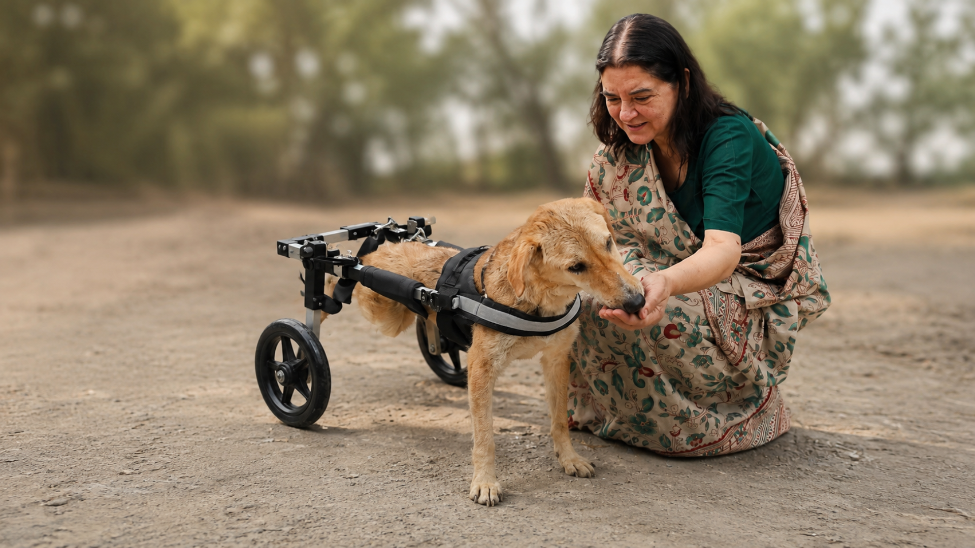 Maneka Gandhi with a dog in a Sidekick wheelchair