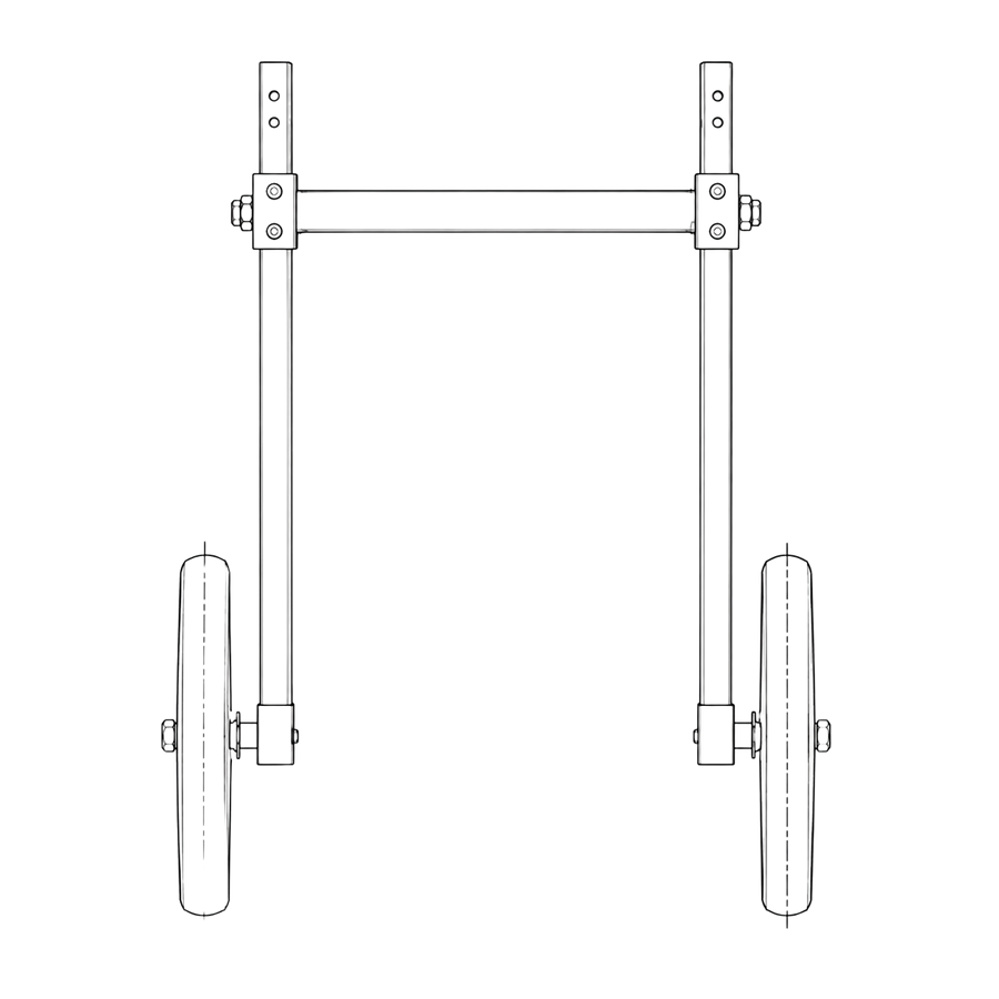Front view of a wheelchair frame with vertical wheels and a narrow stance
